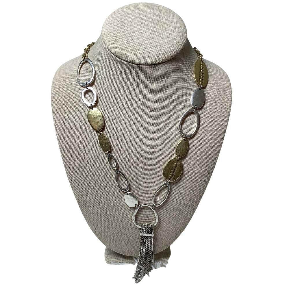 Lucky Brand Silver Gold Mixed Metal Hammered Linked Tassel Necklace Boho A6-54